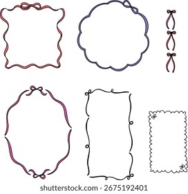 Cute hand-drawn ribbon frame set, line drawing, label, design