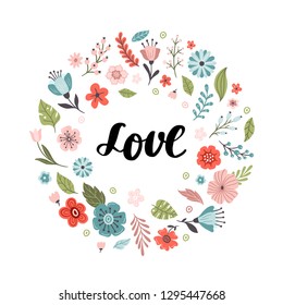 Cute hand-drawn round banner with flowers and text Love. Floral vector illustration. Great for logo, website, postcard, invitation, banner or print.