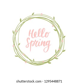 Cute hand-drawn round banner with spring flowers. Vector illustration with text Hello Spring. Great for a logo, website, flyer, stickers, postcard, print or banner.