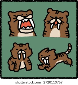 Desenhado à mão bonito Tigre de Sabertooth ilustração conjunto para temas de educação pré-histórica e crianças