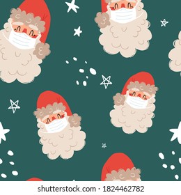 Cute hand-drawn Santa Claus in medical face mask with doodle snow and stars seamless pattern. Health care during Covid-19 pandemic, virus prevention concept in time of Christmas holidays.