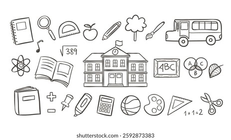 Cute hand-drawn School Doodle Icons, perfect for sticker designs, social media, prints and crafting projects. A total of 27 icon designs. Vector illustration.