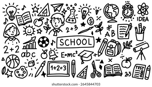 Cute hand-drawn school doodle icons set in black line style. Includes kids, school bag, books, pencils, globe, calculator, test, lightbulb, ABC, math, and various school elements. Perfect for educatio