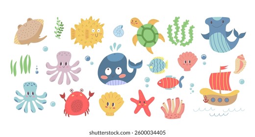 Cute hand-drawn sea animals set with whale, turtle, fish, starfish, and coral – perfect for kids illustrations, marine-themed designs, and underwater prints. Vector illustration