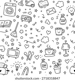Cute hand-drawn seamless doodle pattern featuring daily objects like mugs, soap, lamps, and books. Fun black and white home-themed background for printable, stationery, and digital use.