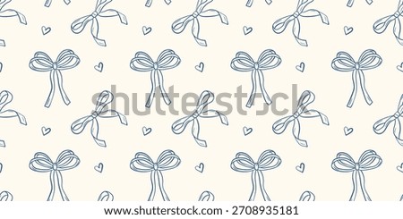 Cute hand-drawn seamless pattern with bows, ribbons and hearts. Minimal doodle ornament for stationery, packaging and fabric.
