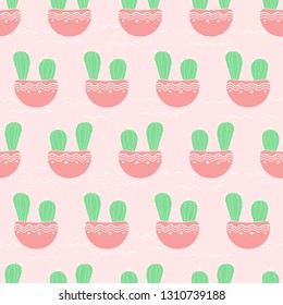 Cute hand-drawn seamless pattern with cacti and succulent plants. Colored cactuses as decorative elements of prints.