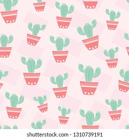 Cute hand-drawn seamless pattern with cacti and succulent plants. Colored cactuses as decorative elements of prints.