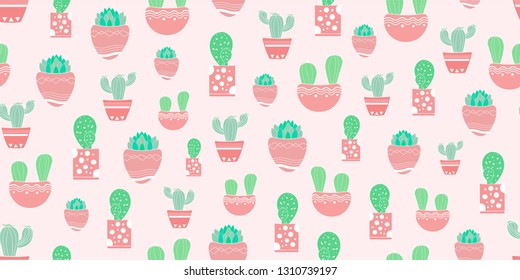 Cute hand-drawn seamless pattern with cacti and succulent plants. Colored cactuses as decorative elements of prints.