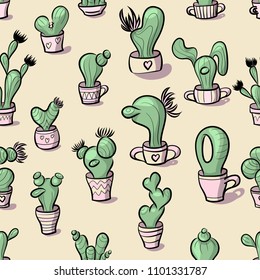 cute hand-drawn seamless pattern with cactus