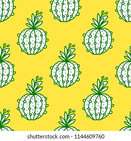 Cute hand-drawn seamless pattern with cactus. Vector illustration isolated on yellow background