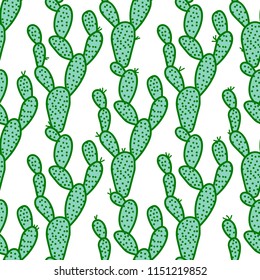 Cute hand-drawn seamless pattern with cactus. Vector illustration isolated on white background