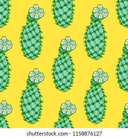Cute hand-drawn seamless pattern cactus with flowers. Vector illustration isolated on yellow background