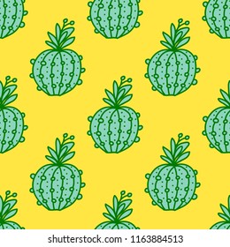 Cute hand-drawn seamless pattern with cactus. Vector illustration isolated on yellow background