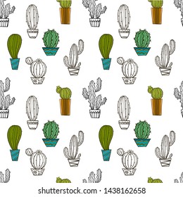 cute hand-drawn seamless pattern with cactus