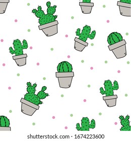 Cute hand-drawn seamless pattern with cactus. Hand drawn decorative seamless pattern with cacti and succulents