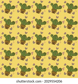 cute hand-drawn seamless pattern with cactus on yellow background.