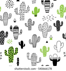 cute hand-drawn seamless pattern with cactus