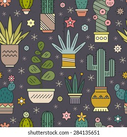 Cute handdrawn seamless pattern with cactuses and succulents in pots. Vector botanical background. Perfect floral texture for web pages, wallpapers, textile and other types of design. 