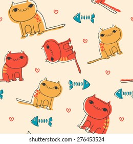 Cute hand-drawn seamless pattern with cats, perfect for wallpaper, textile or backgrounds