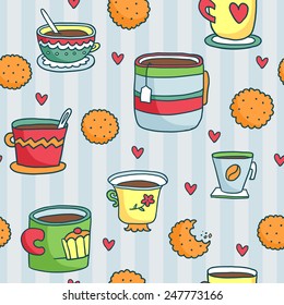 Cute hand-drawn seamless pattern with cups, cookies and hearts on blue striped background