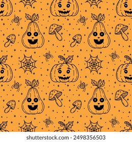Cute hand-drawn seamless pattern for Halloween, colorful background of pumpkins, fly agarics, spiders, cobwebs. Suitable for Halloween banners, wallpapers, textiles, packaging - Vector design
