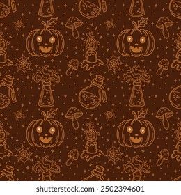 Cute hand-drawn seamless pattern for Halloween, colorful background of pumpkins, fly agarics, spiders, cobwebs. Suitable for banners, wallpapers, textiles, Halloween packaging - Vector design
