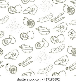 Cute hand-drawn seamless pattern with healthy foods and vegetables - avocado, banana, coconut, lettuce, spirulina, cinnamon, cucumber, spinach, lemon. Black and white graphic art. Vector illustration