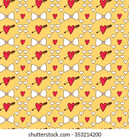 Cute hand-drawn seamless pattern with hearts and bows designed for Valentine's Day, birthday or another holiday