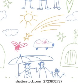 Nettes handgezeichnetes nahtloses Muster, Kinderzeichnung. Skizze aus kritzelndem Doodle, endloser Hintergrund, Vektorgrafik für Textilien, Stoff, Umhüllung.
