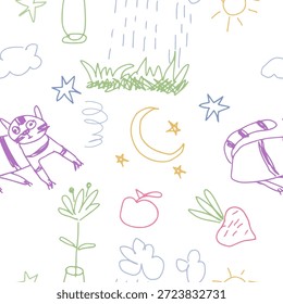 Nettes handgezeichnetes nahtloses Muster, Kinderzeichnung. Skizze aus kritzelndem Doodle, endloser Hintergrund, Vektorgrafik für Textilien, Stoff, Umhüllung.