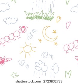 Nettes handgezeichnetes nahtloses Muster, Kinderzeichnung. Skizze aus kritzelndem Doodle, endloser Hintergrund, Vektorgrafik für Textilien, Stoff, Umhüllung.