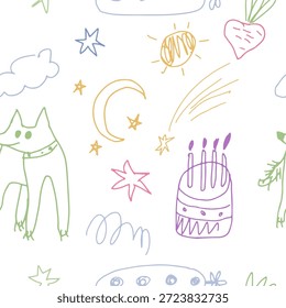 Nettes handgezeichnetes nahtloses Muster, Kinderzeichnung. Skizze aus kritzelndem Doodle, endloser Hintergrund, Vektorgrafik für Textilien, Stoff, Umhüllung.