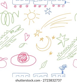 Nettes handgezeichnetes nahtloses Muster, Kinderzeichnung. Skizze aus kritzelndem Doodle, endloser Hintergrund, Vektorgrafik für Textilien, Stoff, Umhüllung.