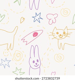 Nettes handgezeichnetes nahtloses Muster, Kinderzeichnung. Skizze aus kritzelndem Doodle, endloser Hintergrund, Vektorgrafik für Textilien, Stoff, Umhüllung.