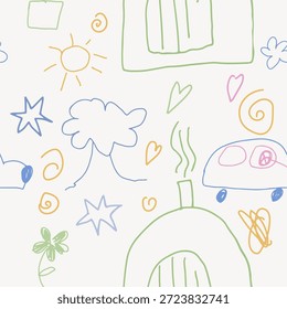 Nettes handgezeichnetes nahtloses Muster, Kinderzeichnung. Skizze aus kritzelndem Doodle, endloser Hintergrund, Vektorgrafik für Textilien, Stoff, Umhüllung.