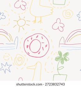 Nettes handgezeichnetes nahtloses Muster, Kinderzeichnung. Skizze aus kritzelndem Doodle, endloser Hintergrund, Vektorgrafik für Textilien, Stoff, Umhüllung.