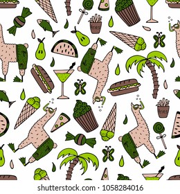 Cute hand-drawn seamless pattern of a lama in the beach shorts and swimming mask. Hand-drawn gentle pictures.