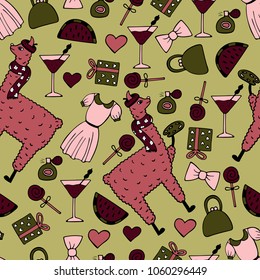 Cute hand-drawn seamless pattern of a lama-artist with the palette. Hand-drawn gentle pictures.