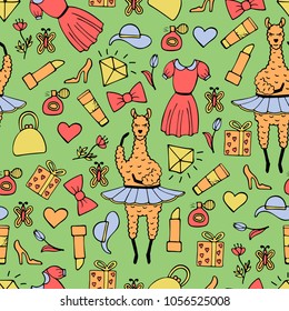Cute hand-drawn seamless pattern of a lama-ballerina in a tutu. Hand-drawn gentle pictures.