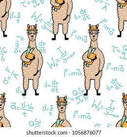 Cute hand-drawn seamless pattern of a lama-engineer in the construction helmet and drawings.
