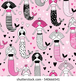 cute hand-drawn seamless pattern with mermaid