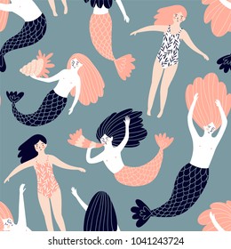 Cute hand-drawn seamless pattern with mermaids and swimming girls. Magic endless design for fabric, wrap paper or wallpaper.