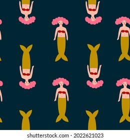 Cute hand-drawn seamless pattern with mermaids on dark background in minimalistic style . Funny endless design for fabric, wrap paper or wallpaper.