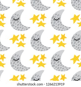 Cute handdrawn seamless pattern with the Moon and Stars. Hand drawn art. Ready-to-print design template. Creative modern texture for fabric, textile, wallpaper, wrapping. Vector illustration. 