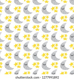 Cute handdrawn seamless pattern with the Moon and Stars. Hand drawn art. Ready-to-print design template. Creative modern texture for fabric, textile, wallpaper, wrapping. Vector illustration. 
