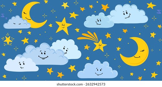 Cute hand-drawn seamless pattern with moon, stars and clouds in a childish style. cartoon nighttime sky. Weather character smile face. Repeated print with happy doodle sleeping moon, funny clouds