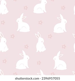 Cute hand-drawn seamless pattern with rabbits and flowers 