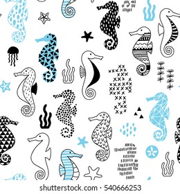 cute hand-drawn seamless pattern with sea horse