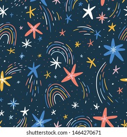 Cute hand-drawn seamless pattern with stars and rainbows. Vector repeated design for kids fabric. 